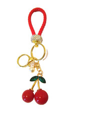NWT - Red Cherry Braided Strap Rhinestone Detail Purse Charm Keychain