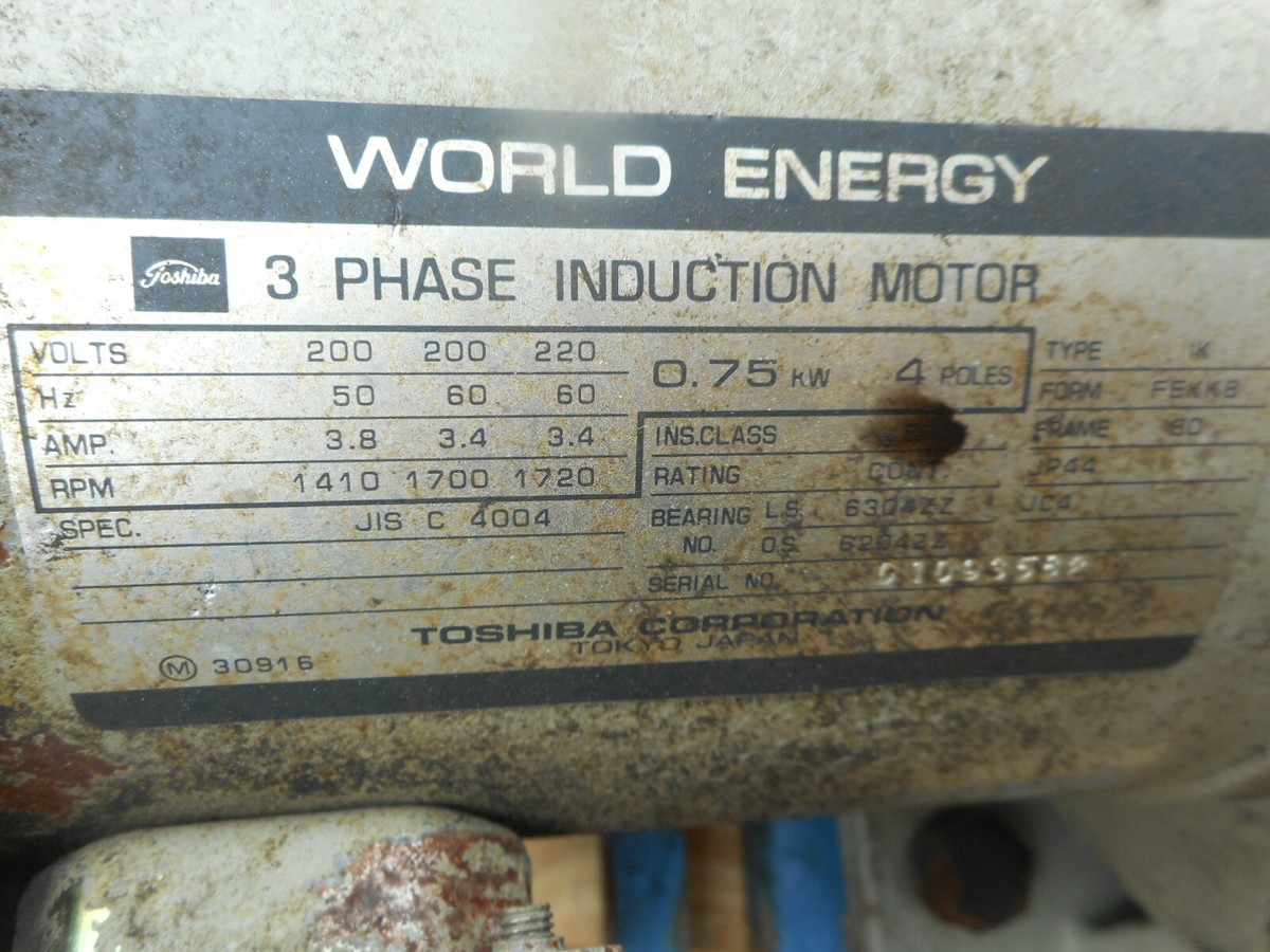 Toshiba World Energy 3 Phase Induction Motor JIS-C-4004 0.75