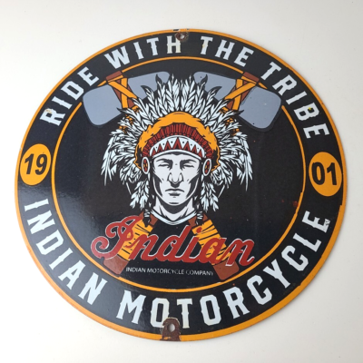 Vintage Indian Motorcycle Sign - Porcelain Ride Tribe Gas Station