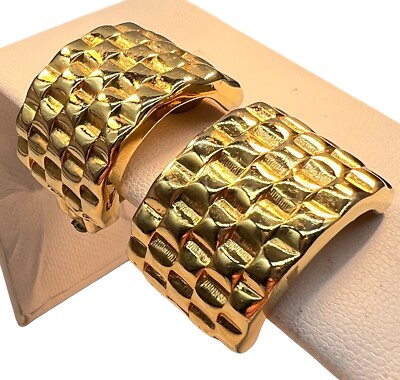 Vtg Givenchy Chunky Basket Weave Texture Gold Plated Semi Hoop Clip Earrings A7