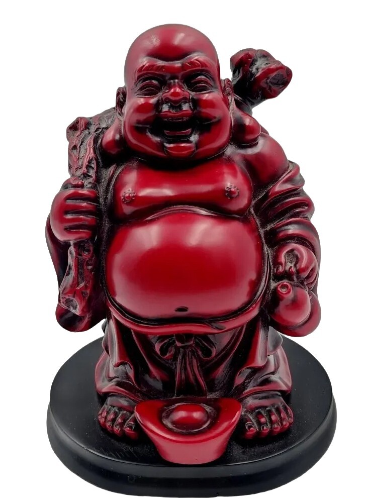 Buddha Happy Statue Laughing Figurine Red Resin Feng Shui Luck