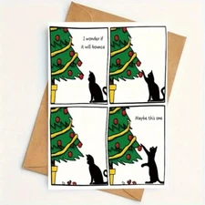 Funny Black Cat vs. Christmas Tree Card - 6.29 x 4.33 Inch