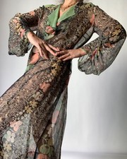 1920s Sheer Floral Silk Chiffon Dress - Pleated Sleeves - Vintage Antique 20s