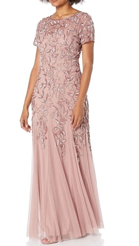 Adrianna Papell Hand Beaded Floral Godet Gown In Rose Gold Size 4 $300