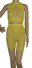Lingerie Crop Tank Top&Panty Shorts OS Set 2-pc Mesh Fishnet-Swimsuit Cover Up