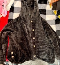 Women's Black Hooded Button-Front Mid-Length Jacket with Pockets One Size
