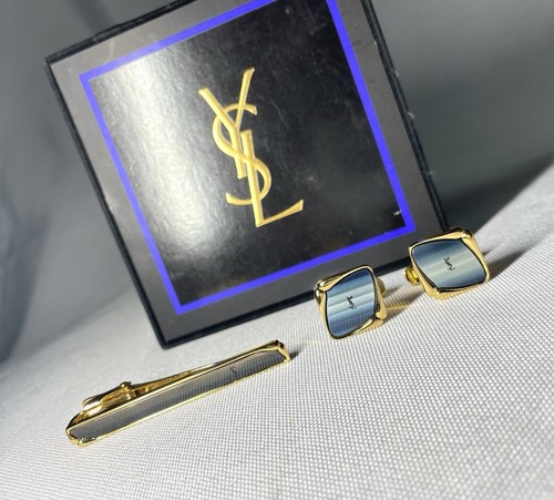Auth Beautiful Yves Saint Laurent Cufflinks tie Cip YSL Gold blue Gift