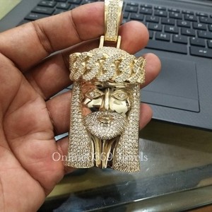 Authentic Men's Jesus Head Charm Pendant in VS Lab Grown Diamond Yellow Gold Plated Silver