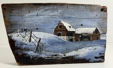 VTG Folk Art Barnwood Painting Signed 1964 • Acrylic On Barn Wood • Snowscape