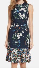 Eliza J Navy Blue Floral Sleeveless Jersey Knit Ruffle Hem Dress Size 8