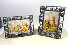 Pair Metal Baby Nursery 4x6 Picture Frames Teddy Bear Giraffe Ducks ABC Blocks