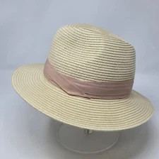 H&M NATURAL PAPER STRAW CREAM FEDORA DUSTY ROSE PINK RIBBON BAND WOMEN LARGE 58
