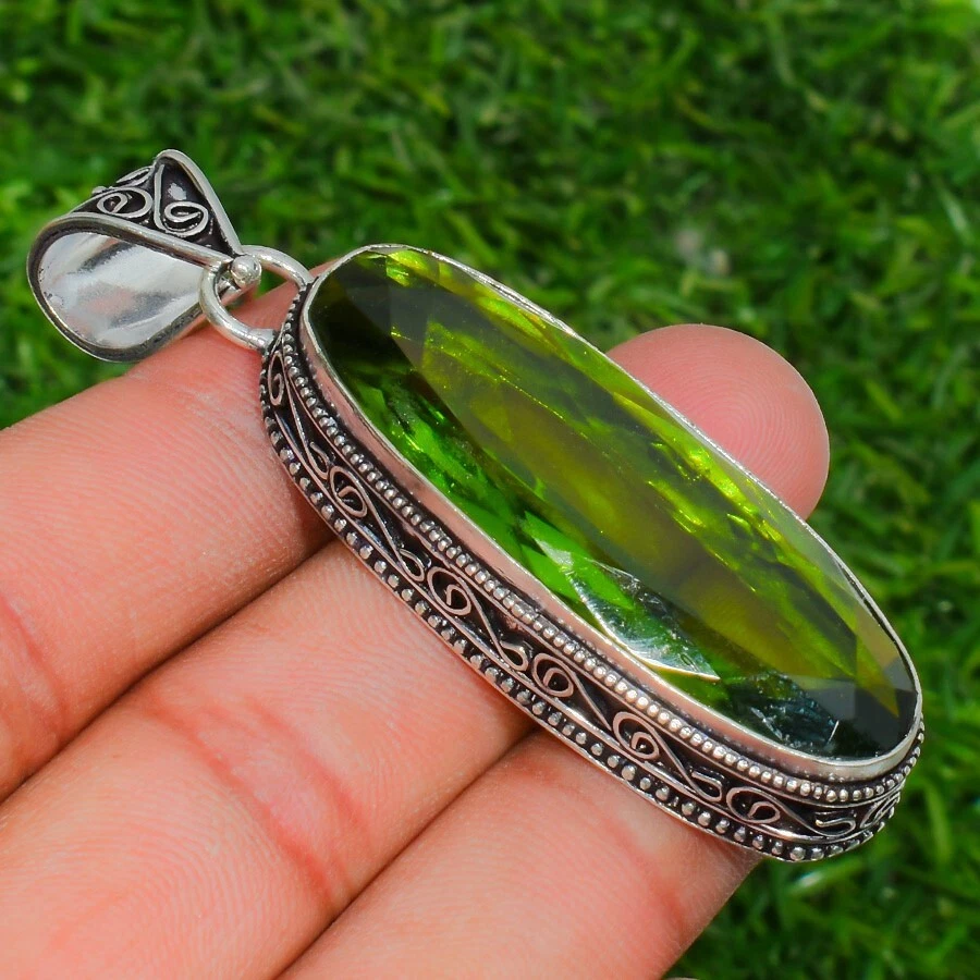 Green Peridot Gemstone Handmade 925 Sterling Silver Oval Cut Jewelry Pendant - Image 2 of 4