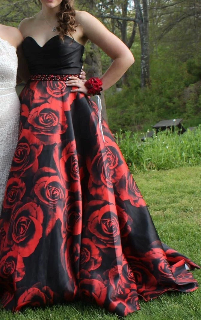 black dress with red roses