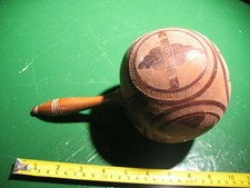 VINTAGE  MARACA CARVED COCONUT HABANA SCENES TURNED HANDLE ORIGINAL NICE