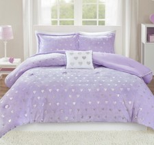 PURPLE METALLIC HEARTS PLUSH COMFORTER SET : Twin or Full / Queen GLAMOUR