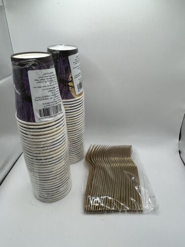Party Supplies | Halloween Paper Cups | 🐈‍⬛ Black Cat | 60 Ct | Gold Forks 25ct - Picture 1 of 4