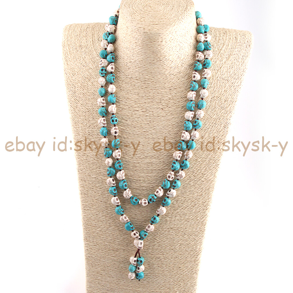Collana Mala Buddista Tibet Testa Di Teschio Turchese Blu/Bianco 108 Perline Preghiera - Foto 8
