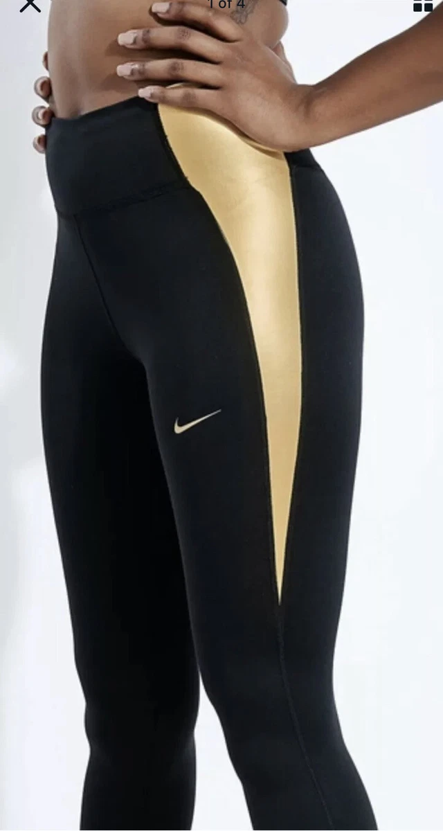 Nike Womens Black Gold One Dri-FIT Colorblocked Mid Rise Leggings Pant  Small New