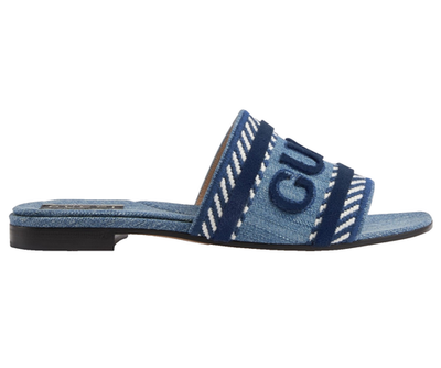 Gucci Jane Light Blue Denim Velvet Logo Mule Flat Slide Slip On
