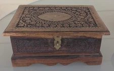 Vtg Hand Carved Wood India Chest Trinket Jewelry Box Brass Hinge 11"x8"