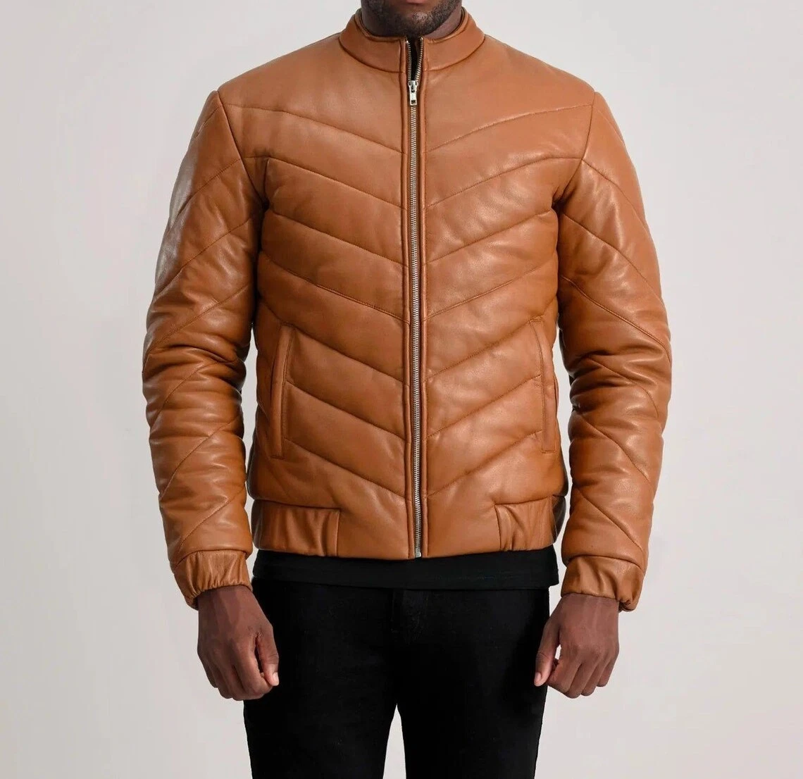 Premium Men’s Handmade Lambskin Leather Puffer Bomber Jacket | Quilted Jacket