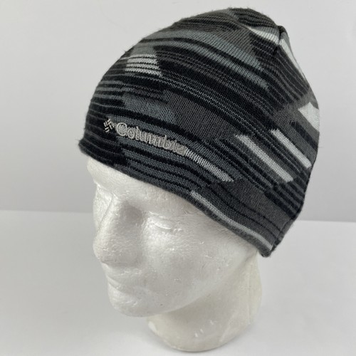 Columbia Beanie Hat Adult OS Black Gray Logo Striped Ski Snowboard Winter - Picture 2 of 6