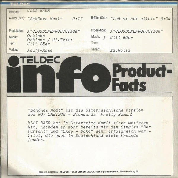 Ulli Bäer - Schönes Madl 7" Single Promo Vinyl Pop Schlager 71149 - Bild 2 von 4