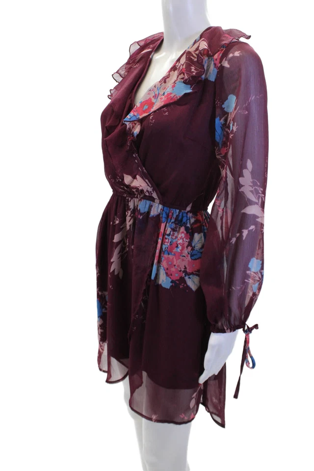 Vestido recto Band of Gypsies para mujer floral cuello en V volantes manga larga granate talla M Foto 2 de 4