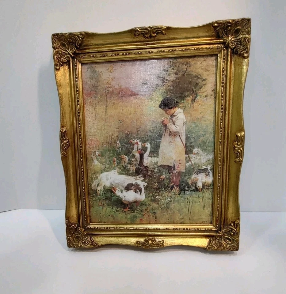 Vintage Art She Loves Me Not Boy Field Geese Luigi Chialiva Framed Print 10 X 12 - Image 2 of 4