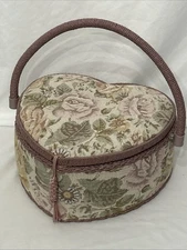 Vtg Heart Shaped Sewing Storage Box Basket Pink Floral Tapestry Cottagecore