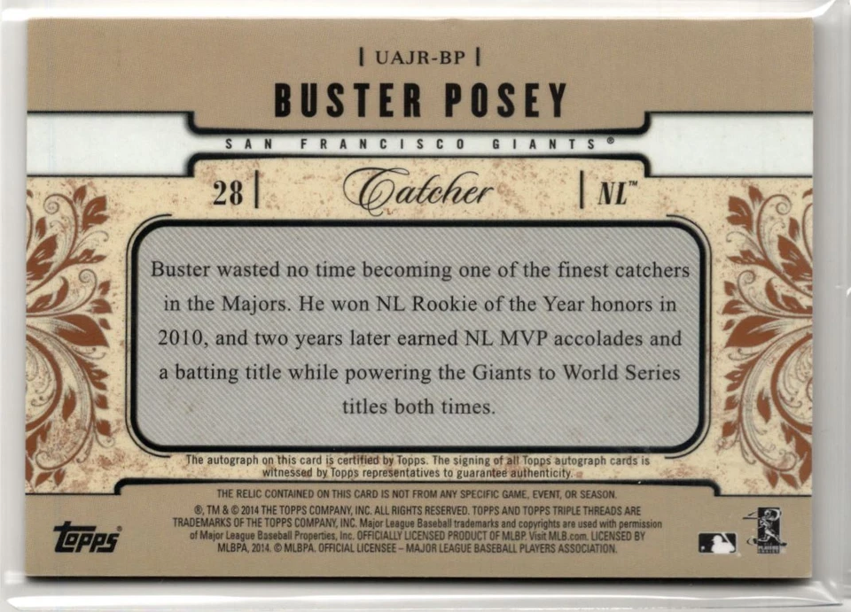 2014 Topps Triple Threads Unity Autograph Relic Gold Buster Posey Auto /75 San - Image 2 of 3