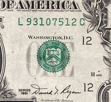 Third Print Shift Error 1 Dollar Bill High Treasury Seal 1981 Series