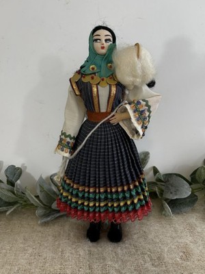 Vintage Ethnic Doll Numbered Yarn Head Scarf Gypsy Romania Costume Dress Folk
