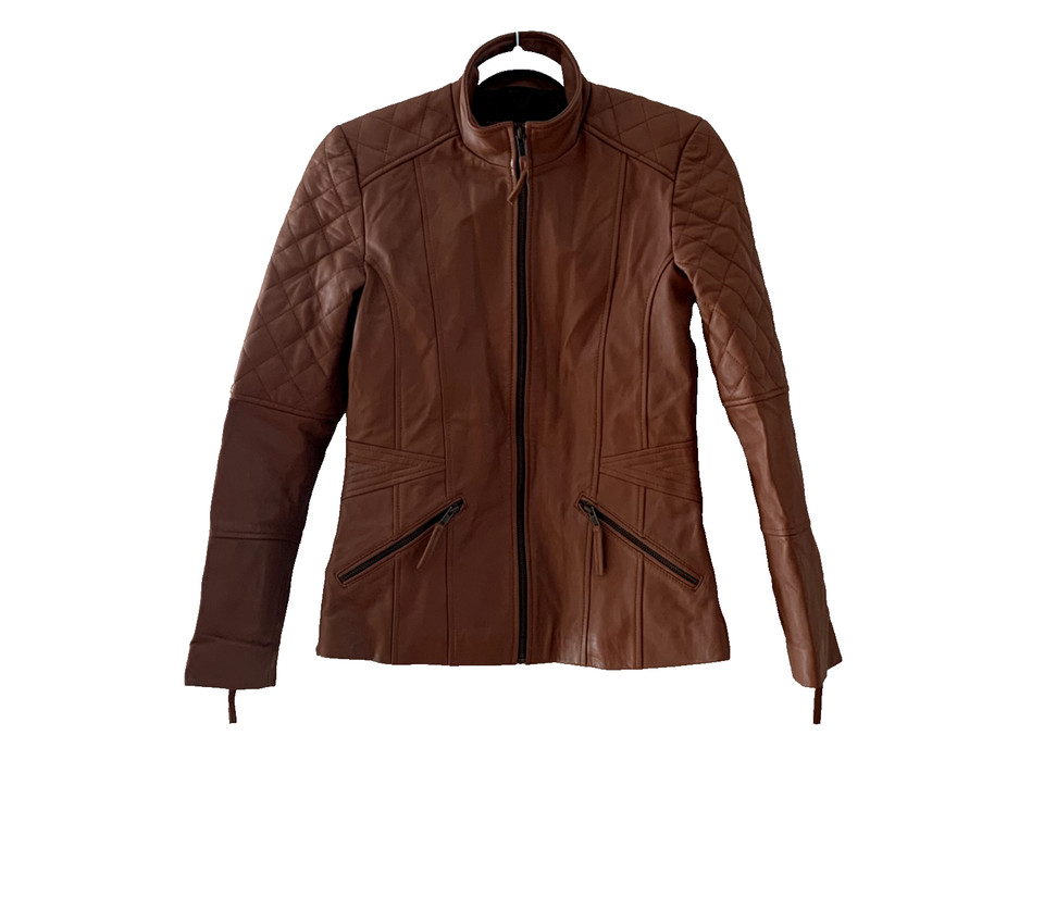 Lusso Leather Women's Size Small Zip Up Biker Jacket Pockets Quilted Panels, Tan