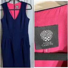 Vince Camuto SZ 4 Blue Sheath V-neck Dress Knee Length Sleeveless Pockets GUC