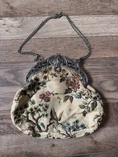 Vintage Tapestry Handbag With Silver Clasp, Engraved Cherubs, Silk Interior