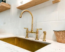 Unlacquered brass kitchen faucet, Dual handle bridge sink faucet with sprayer