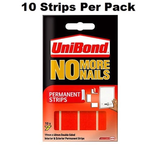 10 x Unibond Double Sided Permanent Mounting Strips 20 x 40mm 3kg No More Nails