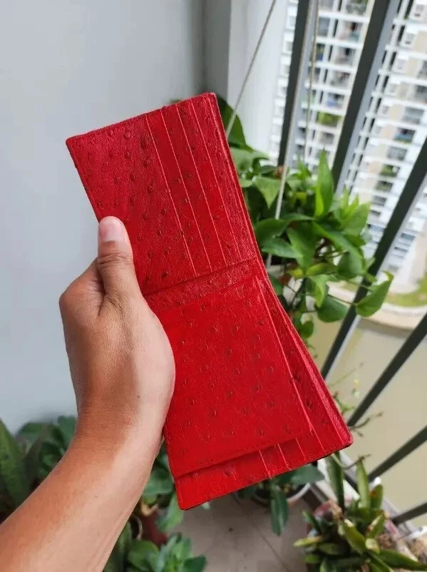 Cartera plegable de cuero de avestruz rojo negro real para hombre porta tarjetas hecha a mano Foto 3 de 4