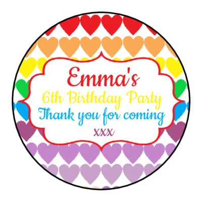 Personalised Rainbow Heart Stickers Pastel Birthday Thank You Party Sweet Cones