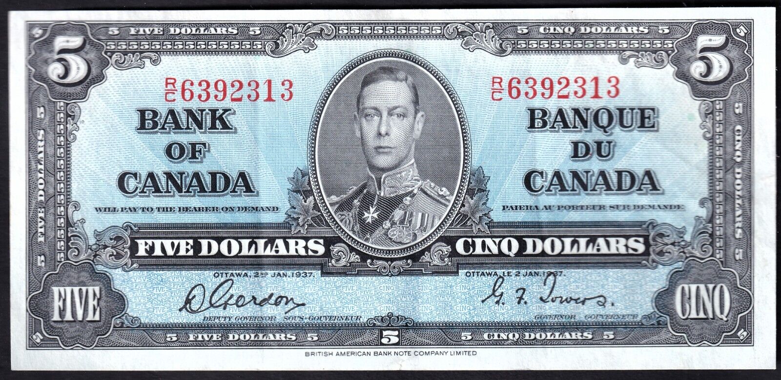 Canada 1937 $5 Five Dollar Banknote Gordon - Towers R/C 6392313