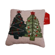 White Beaded Green Decorated Christmas Trees Festive Holiday Pillow 12x12