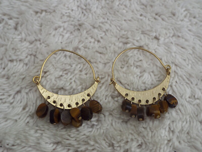 Goldtone Tiger's Eye Stone Fringe Pierced Earrings (K4)