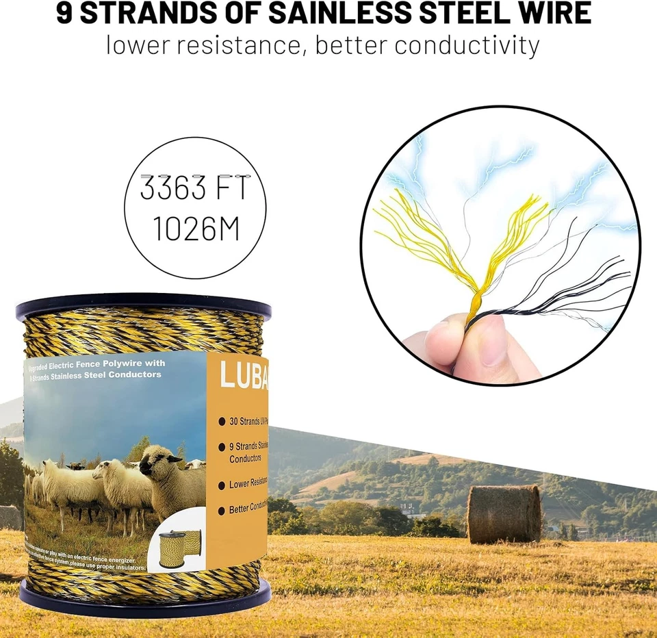 Electric Fence Polywire 3366 Feet, Upgraded 9 Strands Stainless Steel Conductors - Image 2 of 4