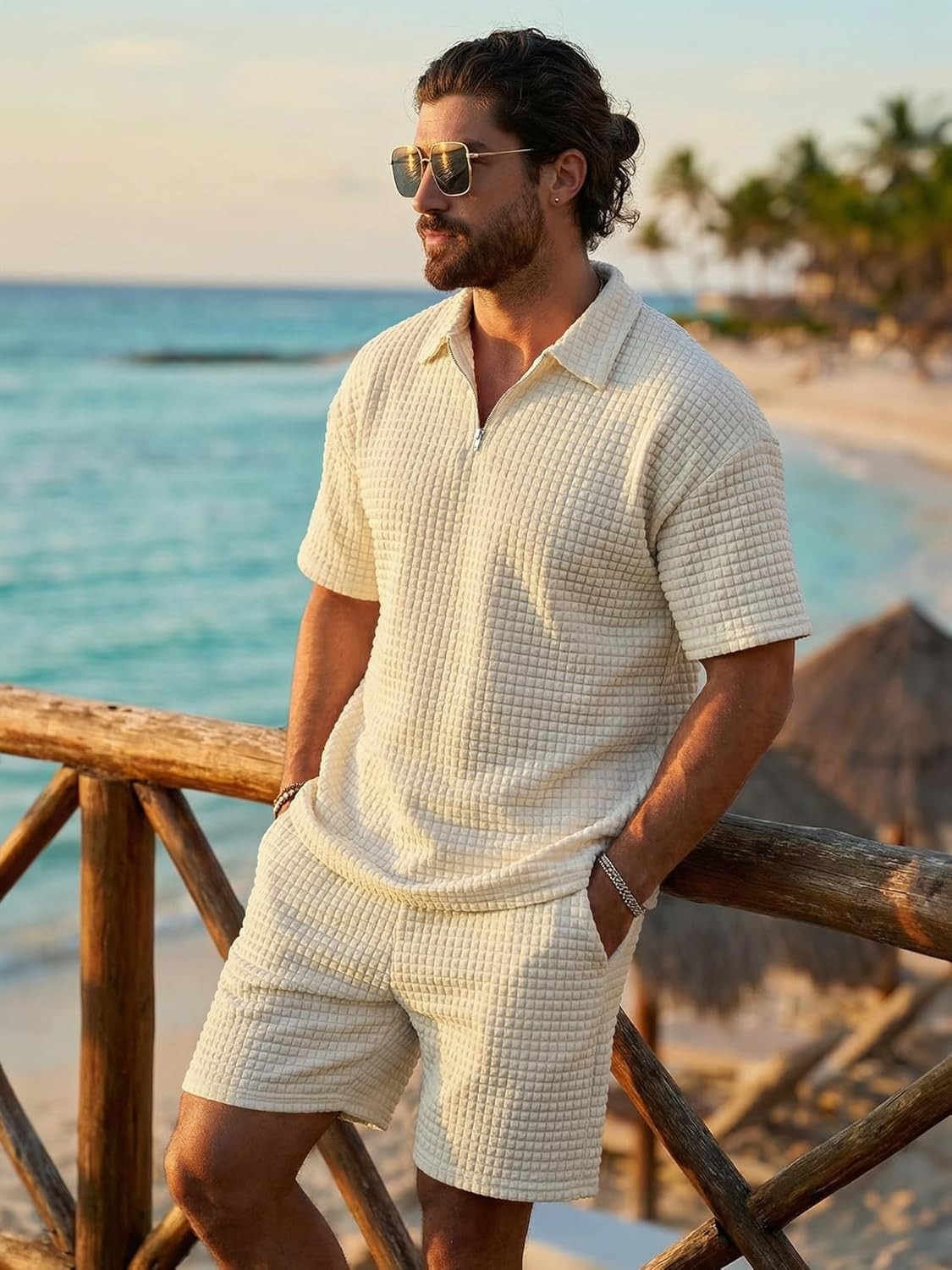 Men's Waffle Knit Outfit Half Zip Polo Shirt and Shorts Textured image 2
