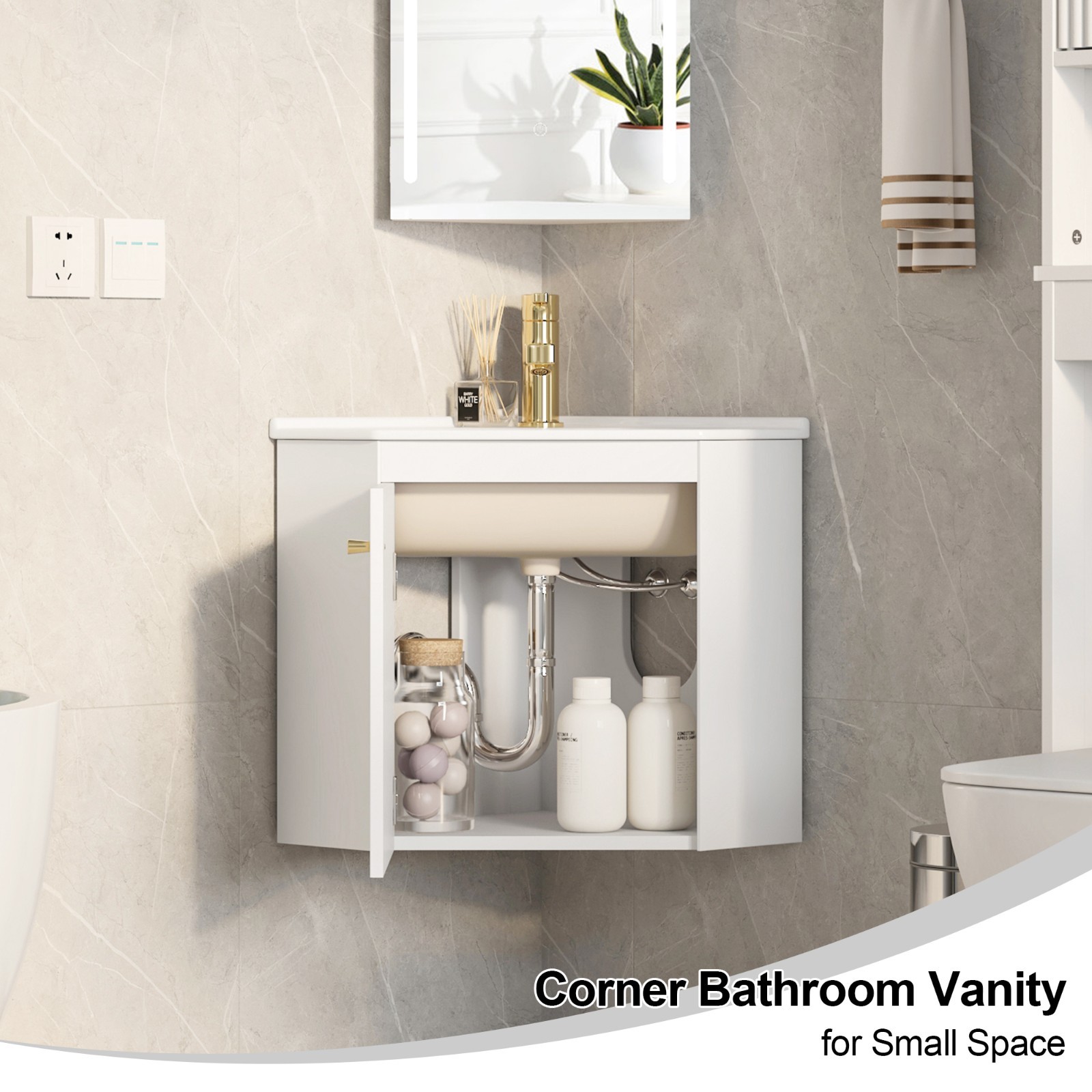 Corner Bathroom Vanity Sink Wall Mounted Combo for Small Space White Ceramic Top