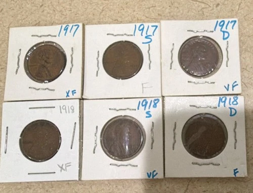 Lincoln Wheat Cents 1917 1918 P D S Bronze XF VF F