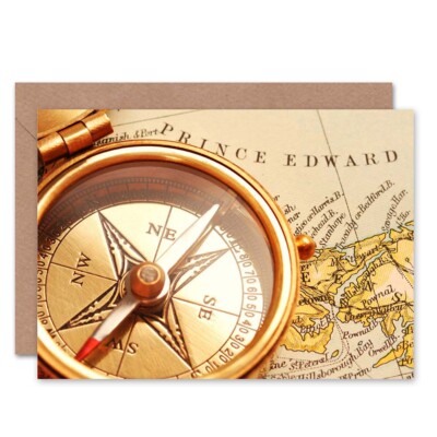 Antique Brass Compass Over Old Canadian Map Blank Greeting Card With ...