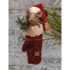 NEW Primitive SANTA HAT MOUSE in MITTEN Ornament Rustic CHRISTMAS 8"Tx3"Wx 1"D